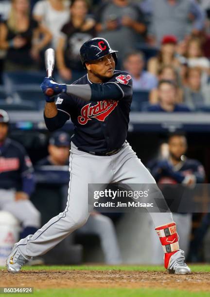 Jose Ramirez of the Cleveland Indians in action against the New York Yankees in Game Three of the American League Divisional Series at Yankee Stadium...