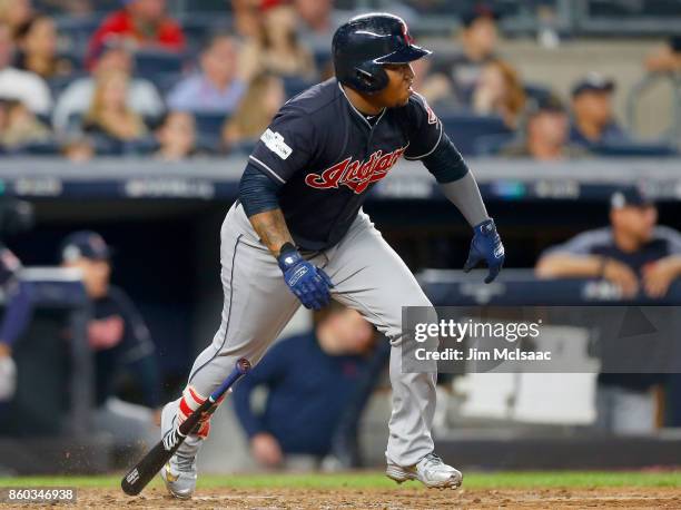 Jose Ramirez of the Cleveland Indians in action against the New York Yankees in Game Three of the American League Divisional Series at Yankee Stadium...