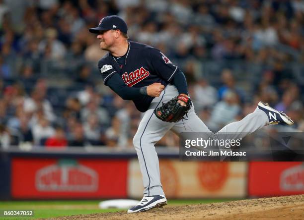 Joe Smith of the Cleveland Indians in action against the New York Yankees in Game Three of the American League Divisional Series at Yankee Stadium on...