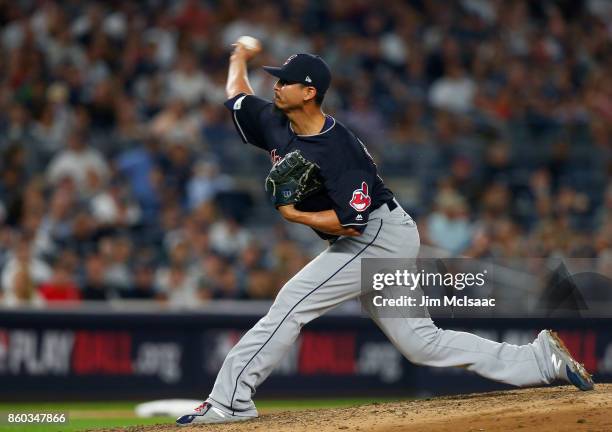 Carlos Carrasco of the Cleveland Indians in action against the New York Yankees in Game Three of the American League Divisional Series at Yankee...