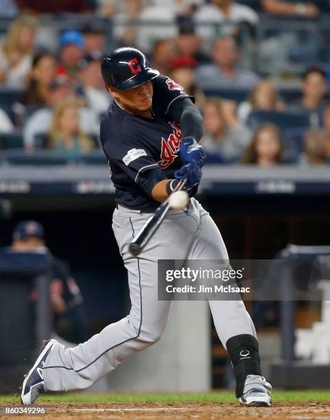 Giovanny Urshela of the Cleveland Indians in action against the New York Yankees in Game Three of the American League Divisional Series at Yankee...