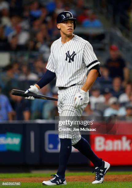 Aaron Judge of the New York Yankees in action against the Cleveland Indians in Game Three of the American League Divisional Series at Yankee Stadium...