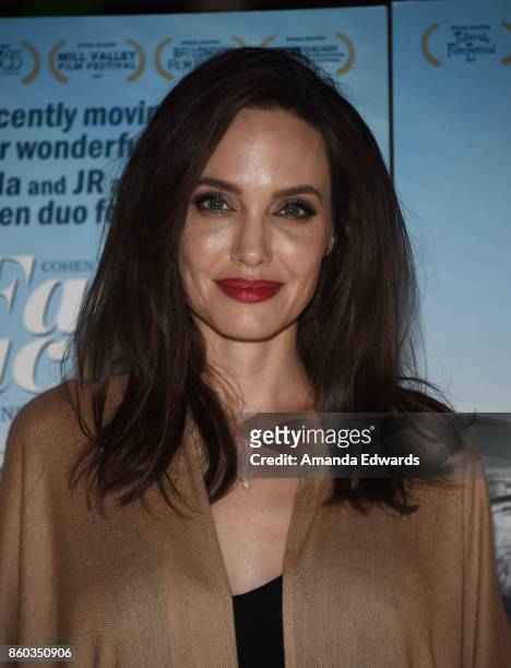 Actress Angelina Jolie attends the premiere of Cohen Media Group's "Faces Places" at the Pacific Design Center on October 11, 2017 in West Hollywood,...