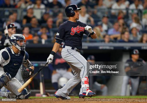 Michael Brantley of the Cleveland Indians in action against the New York Yankees in Game Three of the American League Divisional Series at Yankee...