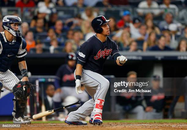 Michael Brantley of the Cleveland Indians in action against the New York Yankees in Game Three of the American League Divisional Series at Yankee...