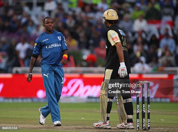 Fidel Edwards of the Deccan Chargershas a word with Sourav Ganguly of Kolkata during the IPL T20 match between Deccan Chargers and Kolkata Knight...