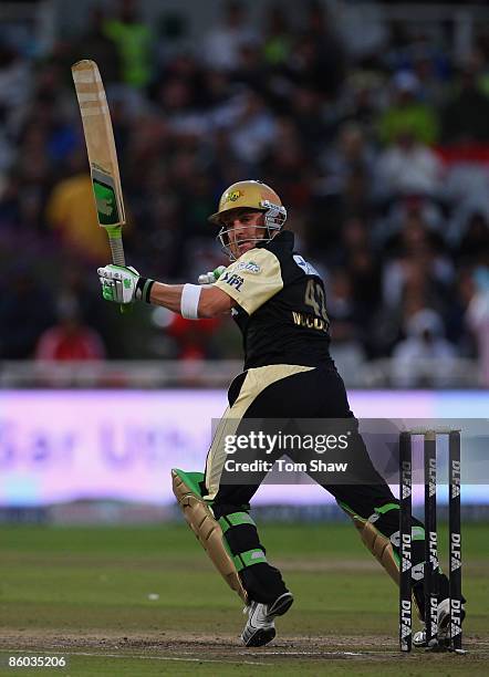 Brendon McCullum of Kolkata hits out during the IPL T20 match between Deccan Chargers and Kolkata Knight Riders on April 19, 2009 in Cape Town, South...