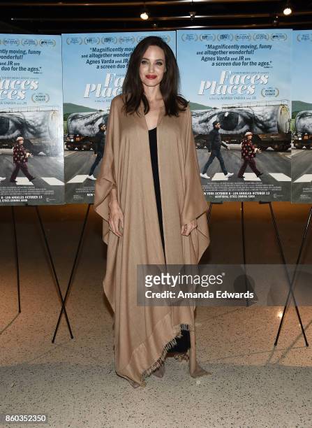 Actress Angelina Jolie attends the premiere of Cohen Media Group's "Faces Places" at the Pacific Design Center on October 11, 2017 in West Hollywood,...