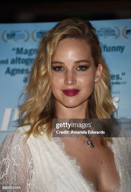 Actress Jennifer Lawrence attends the premiere of Cohen Media Group's "Faces Places" at the Pacific Design Center on October 11, 2017 in West...