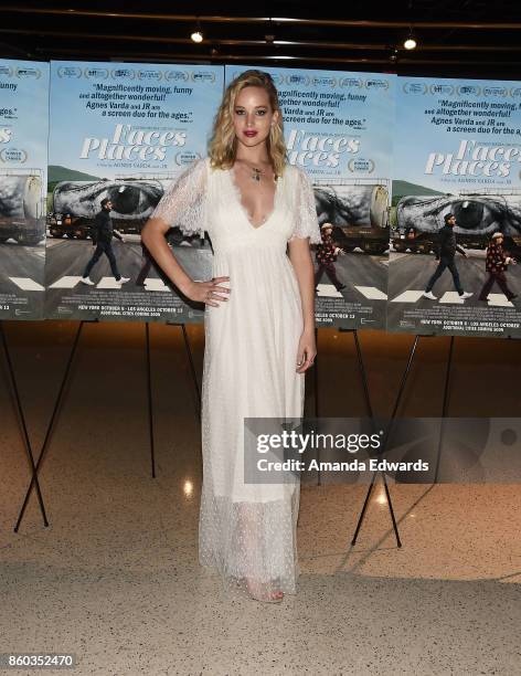 Actress Jennifer Lawrence attends the premiere of Cohen Media Group's "Faces Places" at the Pacific Design Center on October 11, 2017 in West...