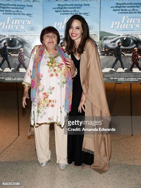 Director Agnes Varda and actress Angelina Jolie attend the premiere of Cohen Media Group's "Faces Places" at the Pacific Design Center on October 11,...