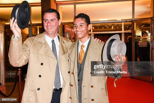 Andrej Hermlin and his son David Hermlin attend the Premiere 'Vorwaerts immer' at Kino International on October 11, 2017 in Berlin, Germany.