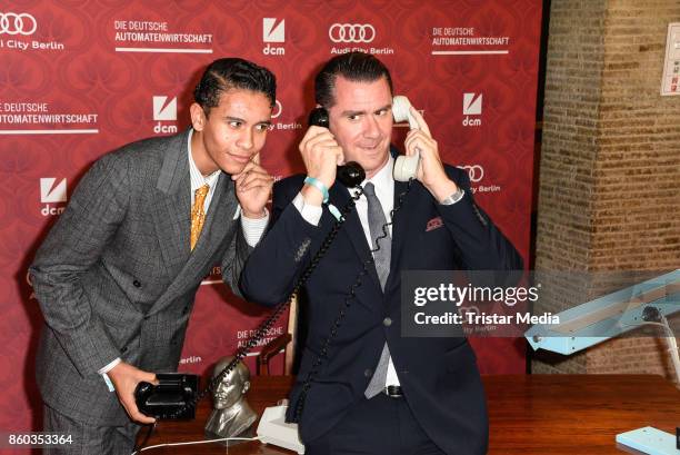 Andrej Hermlin and his son David Hermlin attend the Premiere 'Vorwaerts immer' at Kino International on October 11, 2017 in Berlin, Germany.