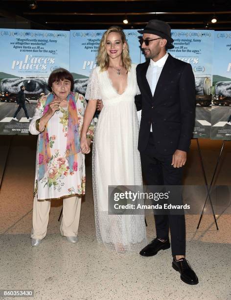 Director Agnes Varda, actress Jennifer Lawrence and director JR attend the premiere of Cohen Media Group's "Faces Places" at the Pacific Design...