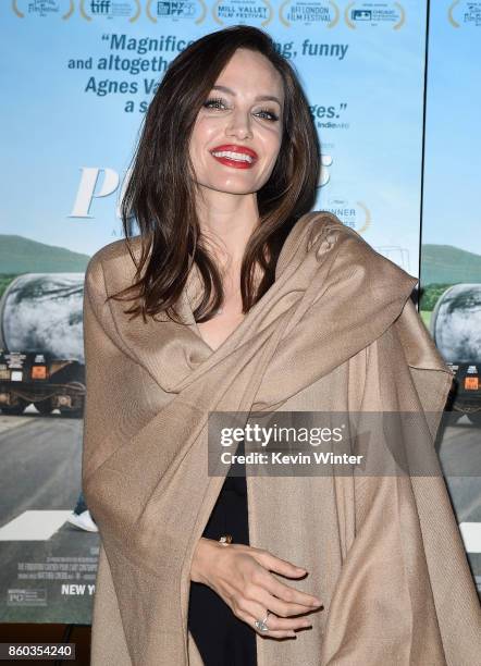 Angelina Jolie attends the premiere of Cohen Media Group's "Faces Places" at Pacific Design Center on October 11, 2017 in West Hollywood, California.