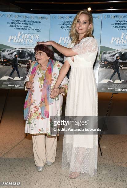 Director Agnes Varda and actress Jennifer Lawrence attend the premiere of Cohen Media Group's "Faces Places" at the Pacific Design Center on October...