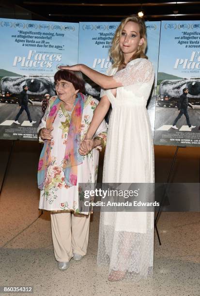 Director Agnes Varda and actress Jennifer Lawrence attend the premiere of Cohen Media Group's "Faces Places" at the Pacific Design Center on October...