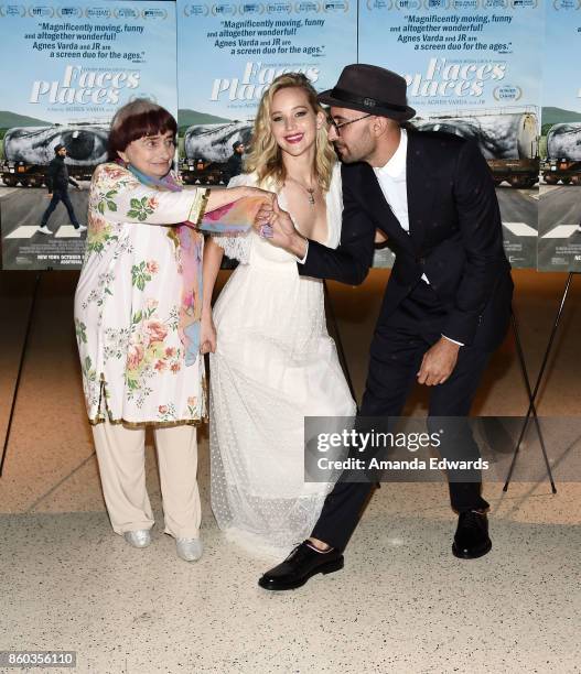 Director Agnes Varda, actress Jennifer Lawrence and director JR attend the premiere of Cohen Media Group's "Faces Places" at the Pacific Design...