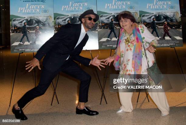 French artist JR and director Agnes Varda attend the premiere of 'Faces Places' at the Pacific Design Center, on October 11 in West Hollywood,...