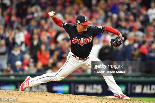 Joe Smith of the Cleveland Indians pitches in the ninth inning against the New York Yankees in Game Five of the American League Divisional Series at...