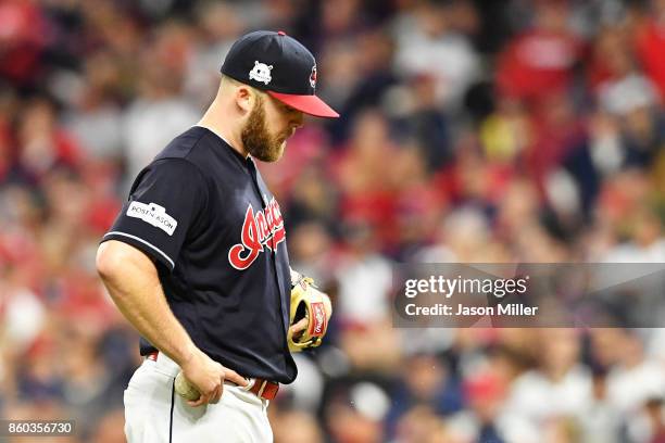 Cody Allen of the Cleveland Indians leaves the game in the ninth inning against the New York Yankees in Game Five of the American League Divisional...