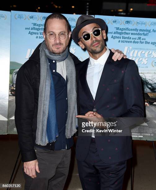 Darren Aronofsky and JR attend the premiere of Cohen Media Group's "Faces Places" at Pacific Design Center on October 11, 2017 in West Hollywood,...