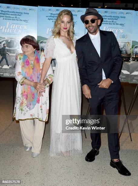 Agnes Varda, Jennifer Lawrence and JR attend the premiere of Cohen Media Group's "Faces Places" at Pacific Design Center on October 11, 2017 in West...