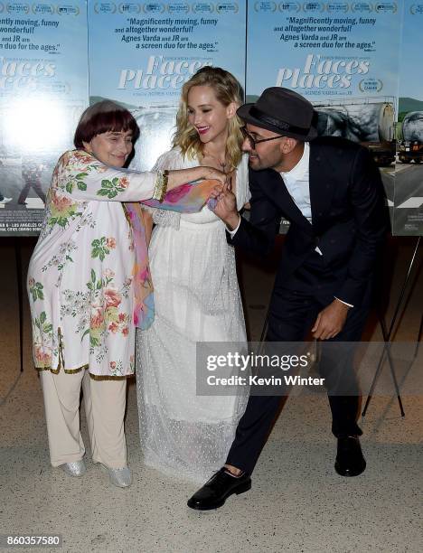 Agnes Varda, Jennifer Lawrence and JR attend the premiere of Cohen Media Group's "Faces Places" at Pacific Design Center on October 11, 2017 in West...