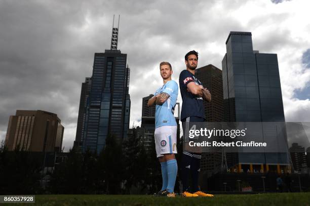 Luke Brattan of Melbourne City and Rhys Williams of Melbourne Victory pose during a Melbourne A-League Derby Media Opportunity at Birrarung Mar on...