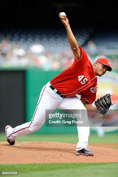 Daniel Cabrera of the Washington Nationals pitches against the Florida Marlins at Nationals Park April 19, 2009 in Washington, DC.