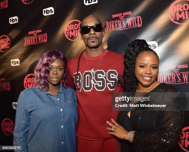 Cori Broadus, host Snoop Dogg and Shante Broadus at TBS' Drop the Mic and The Joker's Wild Premiere Party at Dream Hotel on October 11, 2017 in...