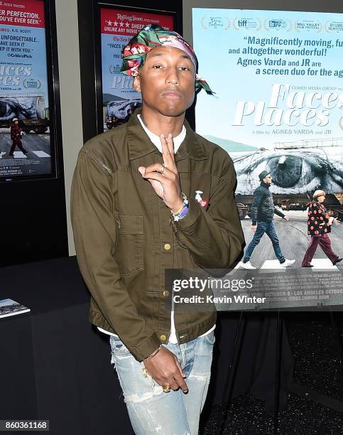 Pharrell Williams attends the premiere of Cohen Media Group's "Faces Places" at Pacific Design Center on October 11, 2017 in West Hollywood,...