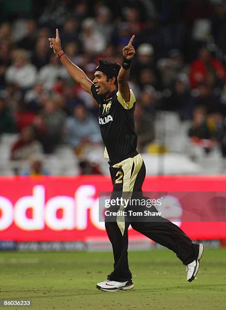Ashok Dinda of Kolkata celebrates a wicket during the IPL T20 match between Deccan Chargers and Kolkata Knight Riders on April 19, 2009 in Cape Town,...