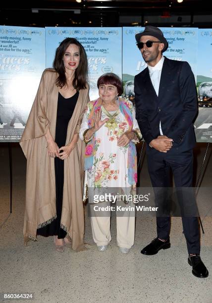 Angelina Jolie, Agnes Varda and JR attend the premiere of Cohen Media Group's "Faces Places" at Pacific Design Center on October 11, 2017 in West...