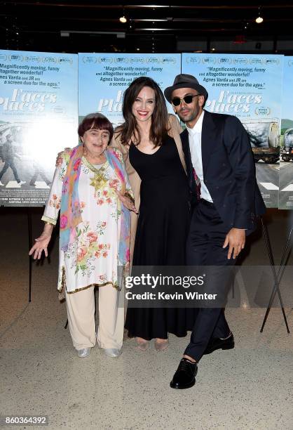 Agnes Varda, Angelina Jolie and JR attend the premiere of Cohen Media Group's "Faces Places" at Pacific Design Center on October 11, 2017 in West...