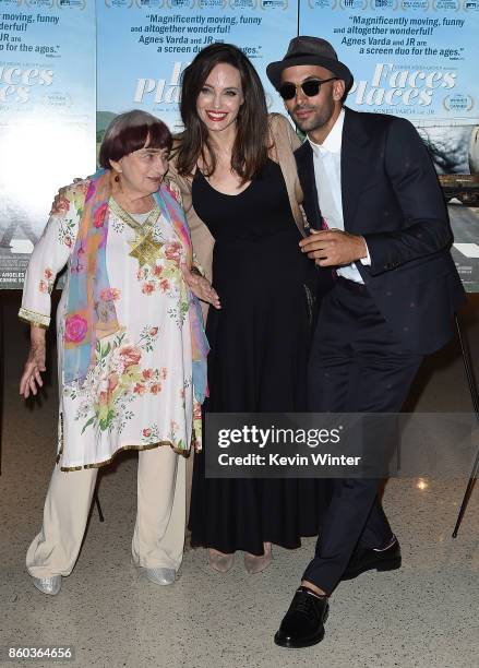 Agnes Varda, Angelina Jolie and JR attend the premiere of Cohen Media Group's "Faces Places" at Pacific Design Center on October 11, 2017 in West...