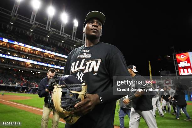 Didi Gregorius of the New York Yankees celebrates their 5 to 2 win over the Cleveland Indians in Game Five of the American League Divisional Series...