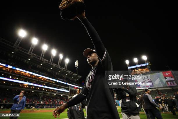 Didi Gregorius of the New York Yankees celebrates their 5 to 2 win over the Cleveland Indians in Game Five of the American League Divisional Series...