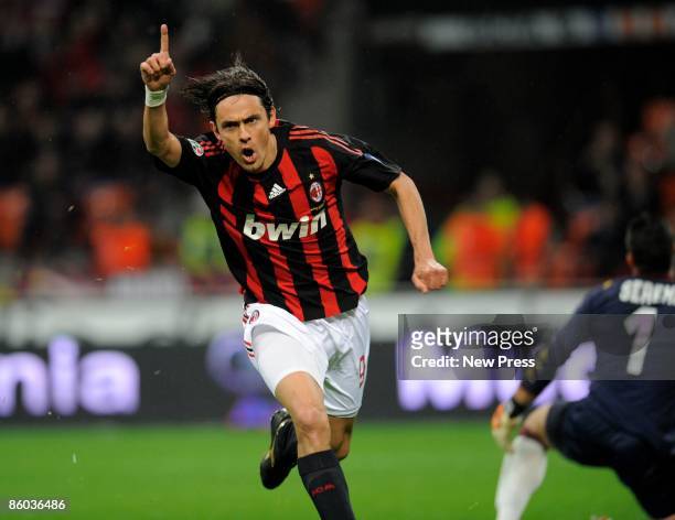 Filippo Inzaghi of Milan celebrates scoring a goal during the Serie A match between Milan and Torino at the Stadio Meazza on April 19, 2009 in Milan,...