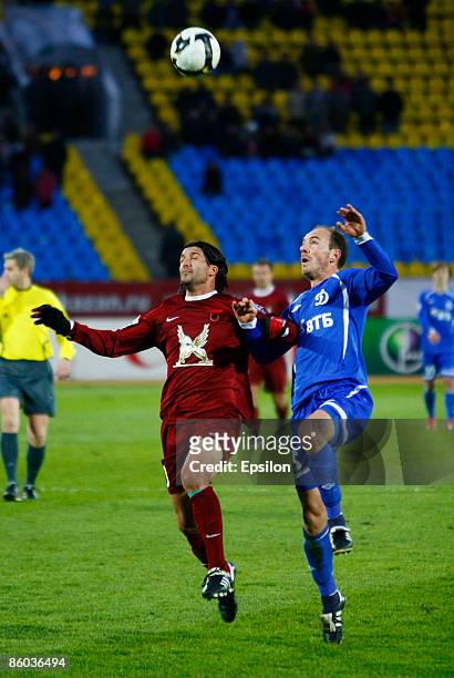 Alejandro Dominguez FC Rubin Kazan battles for the ball with Jovan Tanasijevic of FC Dynamo Moscow during the Russian Premier League match between FC...