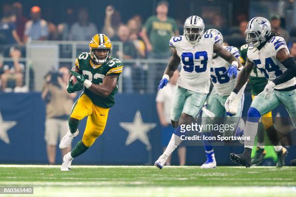 Green Bay Packers running back Aaron Jones breaks into the secondary during the football game between the Green Bay Packers and Dallas Cowboys on...