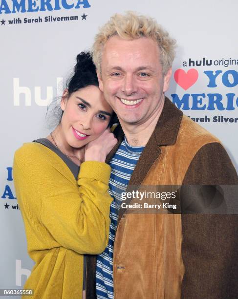 Comedian/actress Sarah Silverman and actor Michael Sheen attend photo op for Hulu's 'I Love You America' at Cheateau Marmont on October 11, 2017 in...