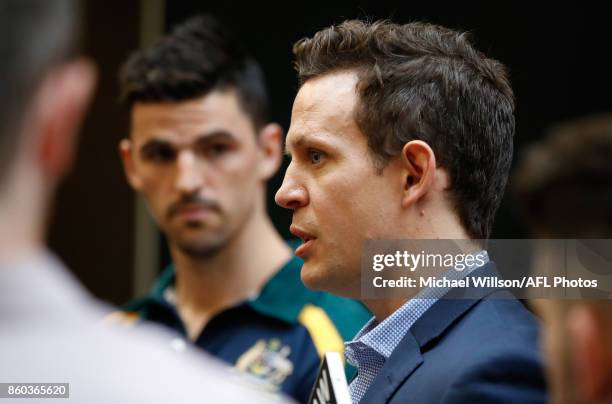 Scott Pendlebury and Luke Ball speak to the media during the Australian International Rules Series Team Announcement at AFL House on October 12, 2017...