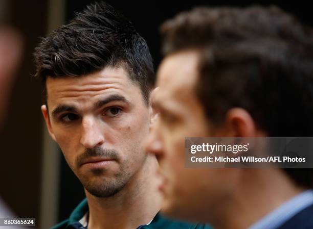 Scott Pendlebury and Luke Ball speak to the media during the Australian International Rules Series Team Announcement at AFL House on October 12, 2017...