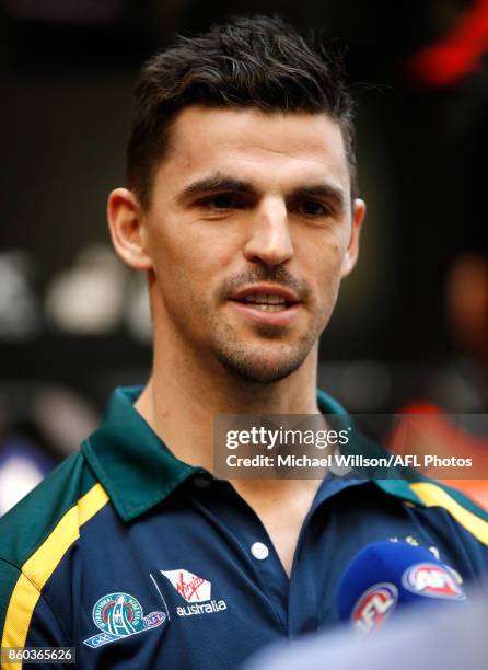 Scott Pendlebury speaks to the media during the Australian International Rules Series Team Announcement at AFL House on October 12, 2017 in...