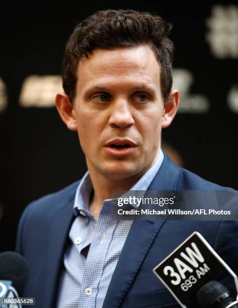 Luke Ball speaks to the media during the Australian International Rules Series Team Announcement at AFL House on October 12, 2017 in Melbourne,...