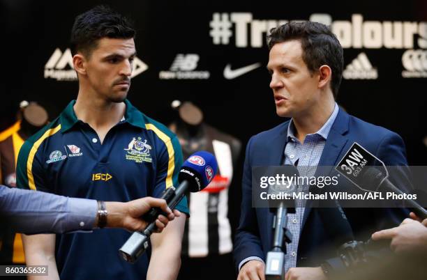 Scott Pendlebury and Luke Ball speak to the media during the Australian International Rules Series Team Announcement at AFL House on October 12, 2017...