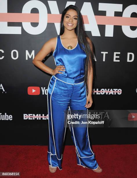Lilly Singh arrives at the premiere of YouTube's "Demi Lovato: Simply Complicated" on October 11, 2017 at the Fonda Theatre in Los Angeles,...