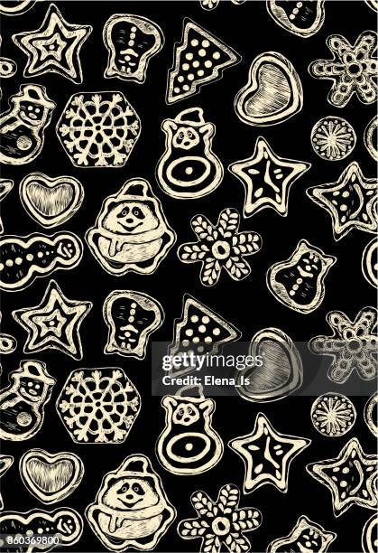christmas gingerbread drawing (engraving) seamless pattern, vector - cookie texture stock illustrations
