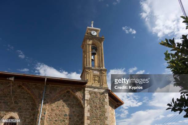 2017 - europe, greece, cyprus, troodos, gerakies village, view of church bell tower - agios georgios greek orthodox church - agios georgios church stock-fotos und bilder